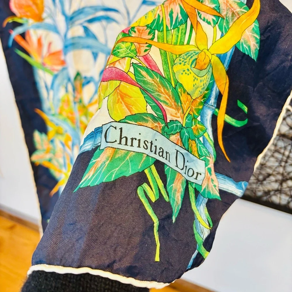 CHRISTIAN DIOR Vintage 34” 100% Silk “Floral & Butterfly” Botanical Square Scarf